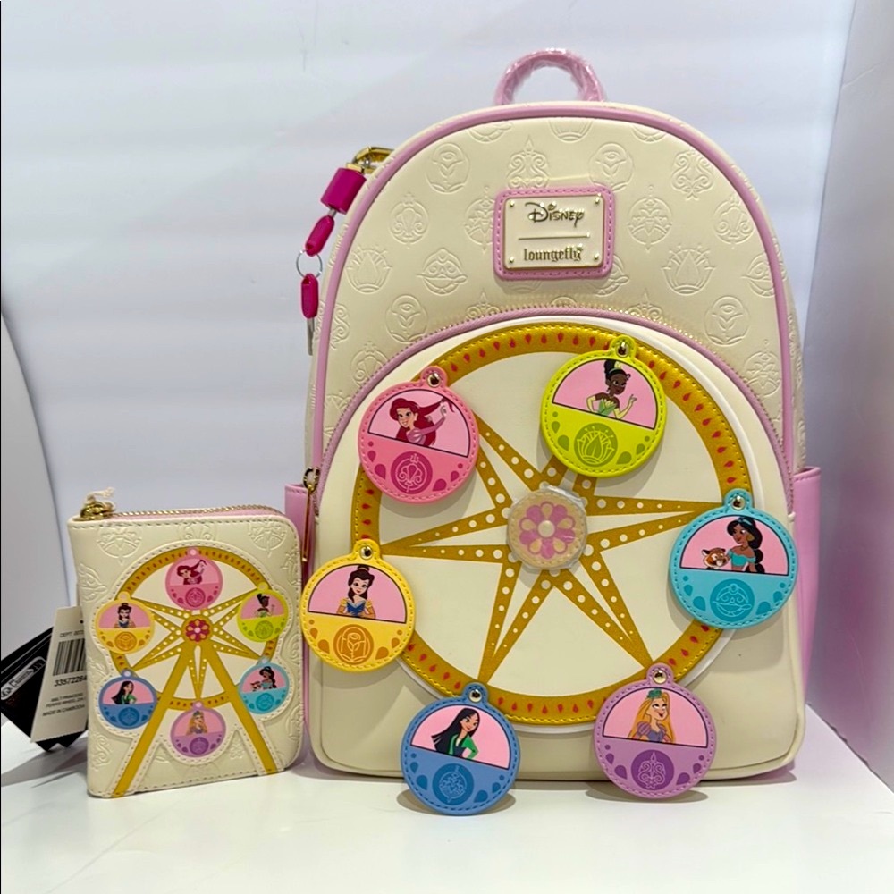 Loungefly Cream and Pink Princess Ferris Wheel Backpack and Matching Wallet Set